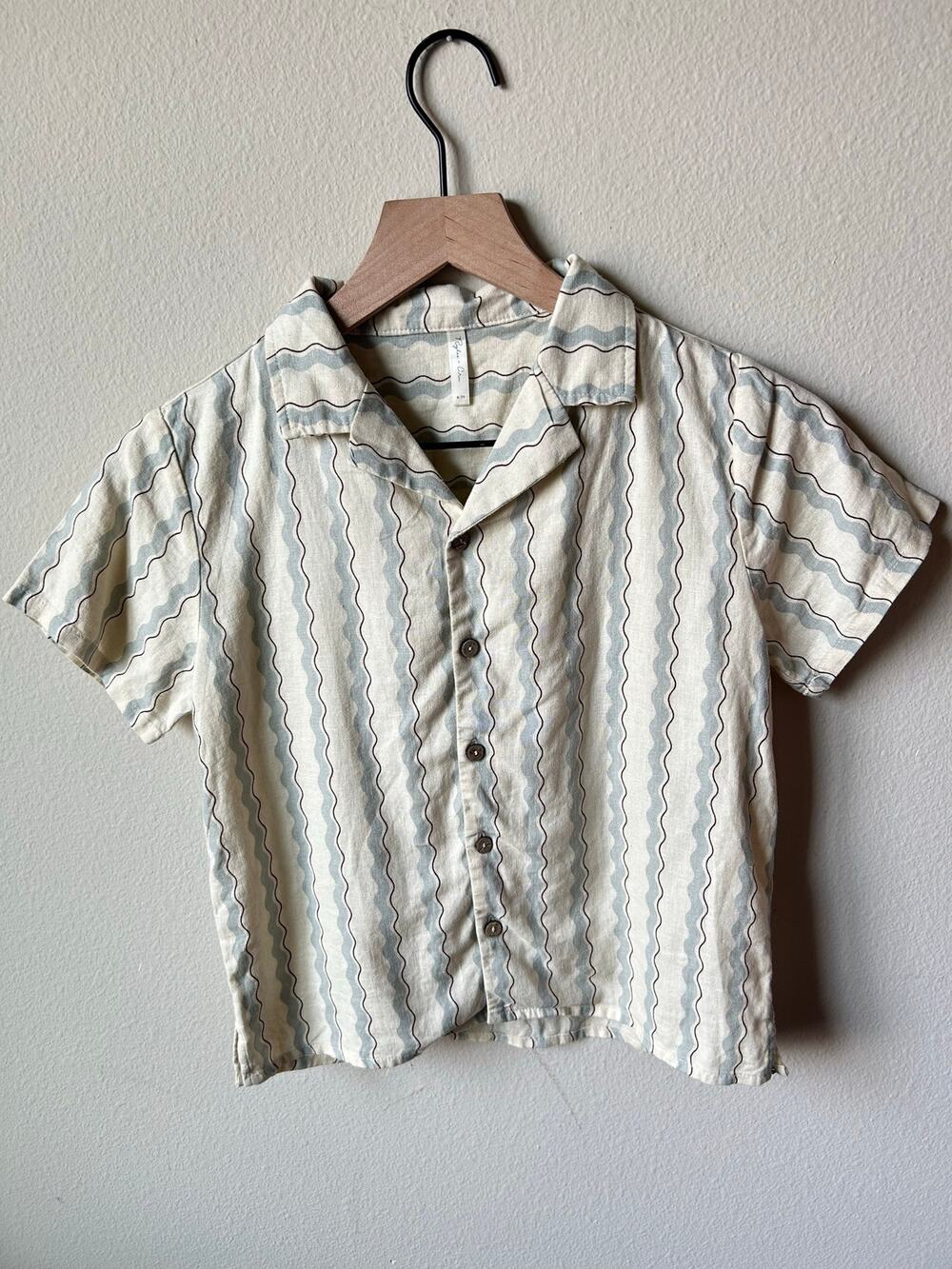 Rylee + Cru Wavy Stripe Linen Camp Shirt Boys Size 6-7Y Short Sleeve Button Down